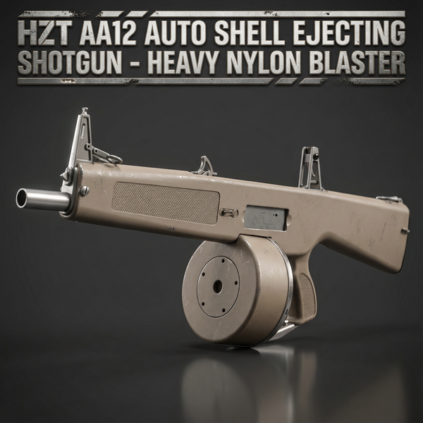 HZT Tan AA12 Nerf Shotgun in full auto fire – automatic foam dart blaster with drum mag during adult warehouse breach.