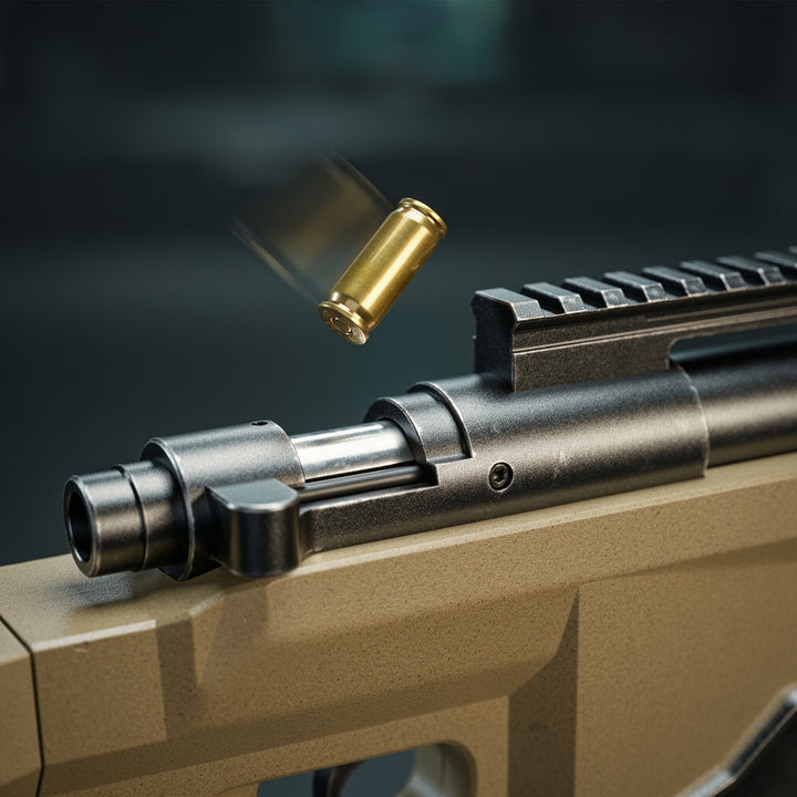 Realistic bolt action mechanism ejecting shell casing on M40A6 toy.