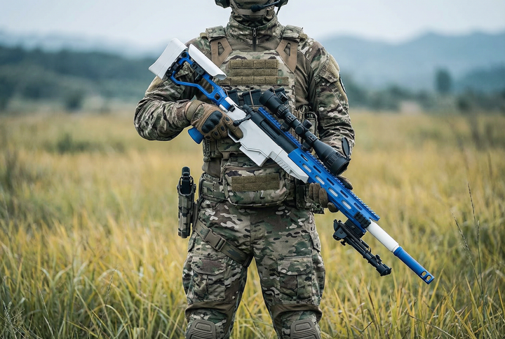 Full package contents of M40A6 blaster including scope, metal bipod, and shells.