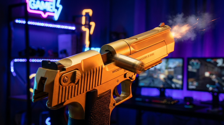 Shell ejection mechanism of gold Desert Eagle toy gun showing casing flying out.